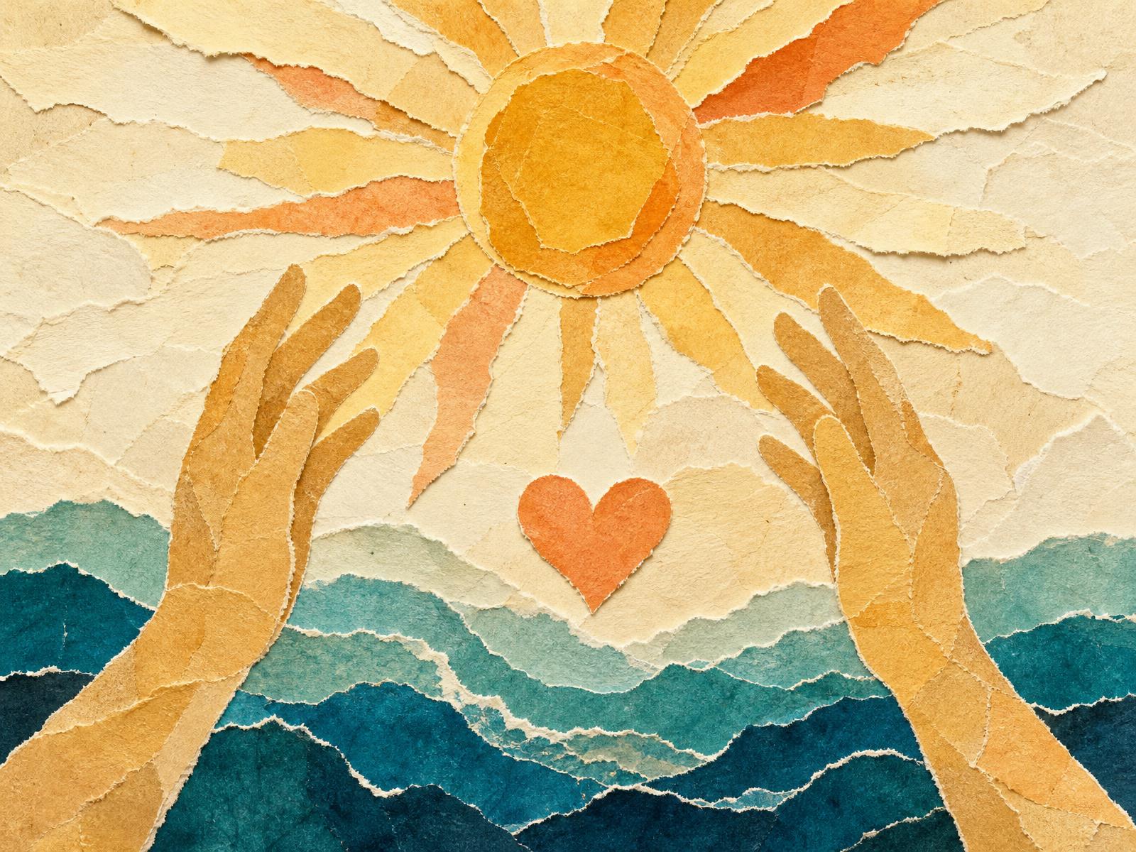 Warm hand-painted collage of hands passing sunlight